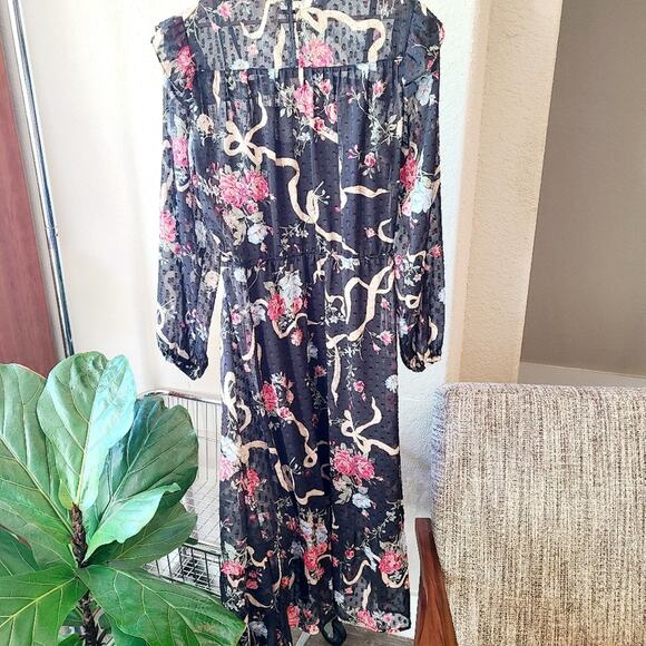 H&M DIVIDED Sheer Ruffle BOWS Floral Black Y2k Dress Sz Small Ruffle - Picture 4 of 6